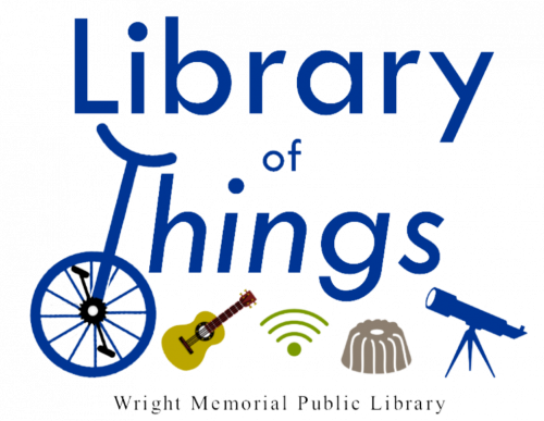 A collection of fun objects (unicycle, ukulele, telescope, etc.) surround text "Library of Things"