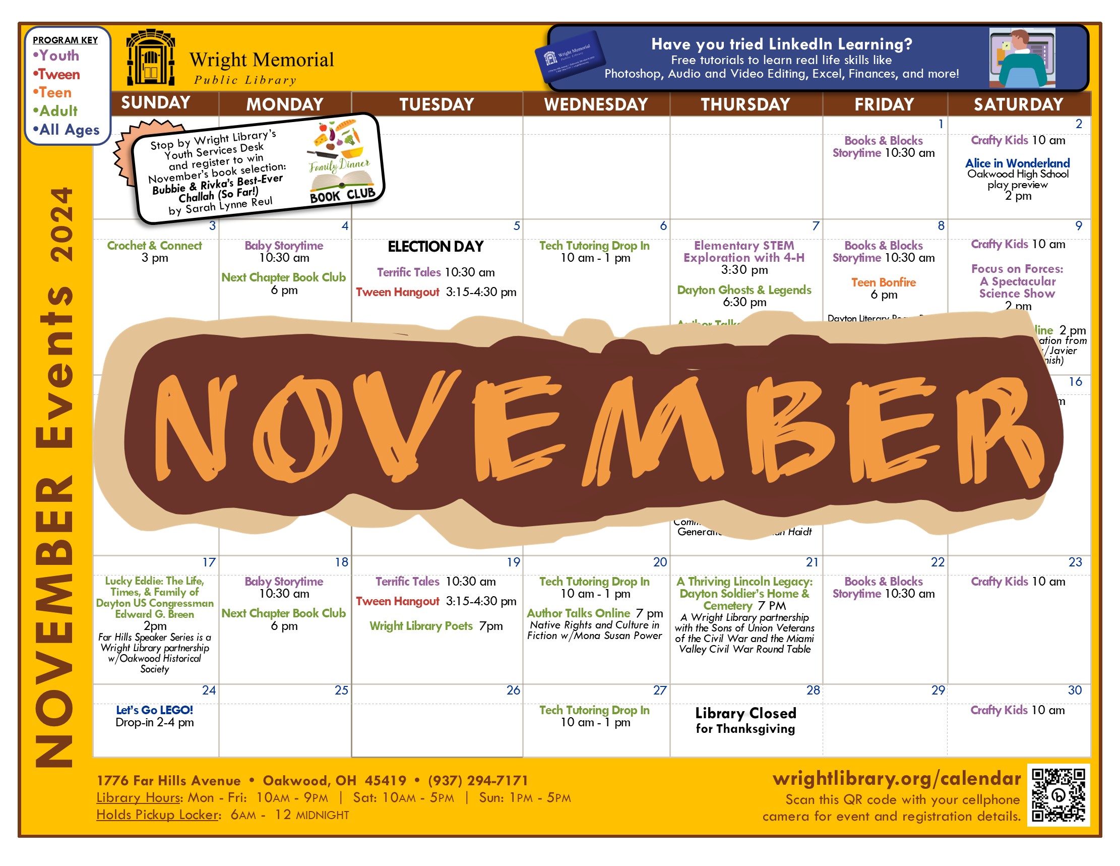 November calendar for Wright Public Library.