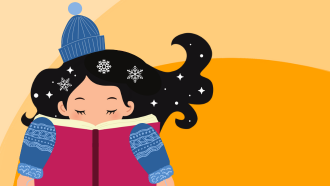 Cartoon girl with winter hat and mittens reading a book