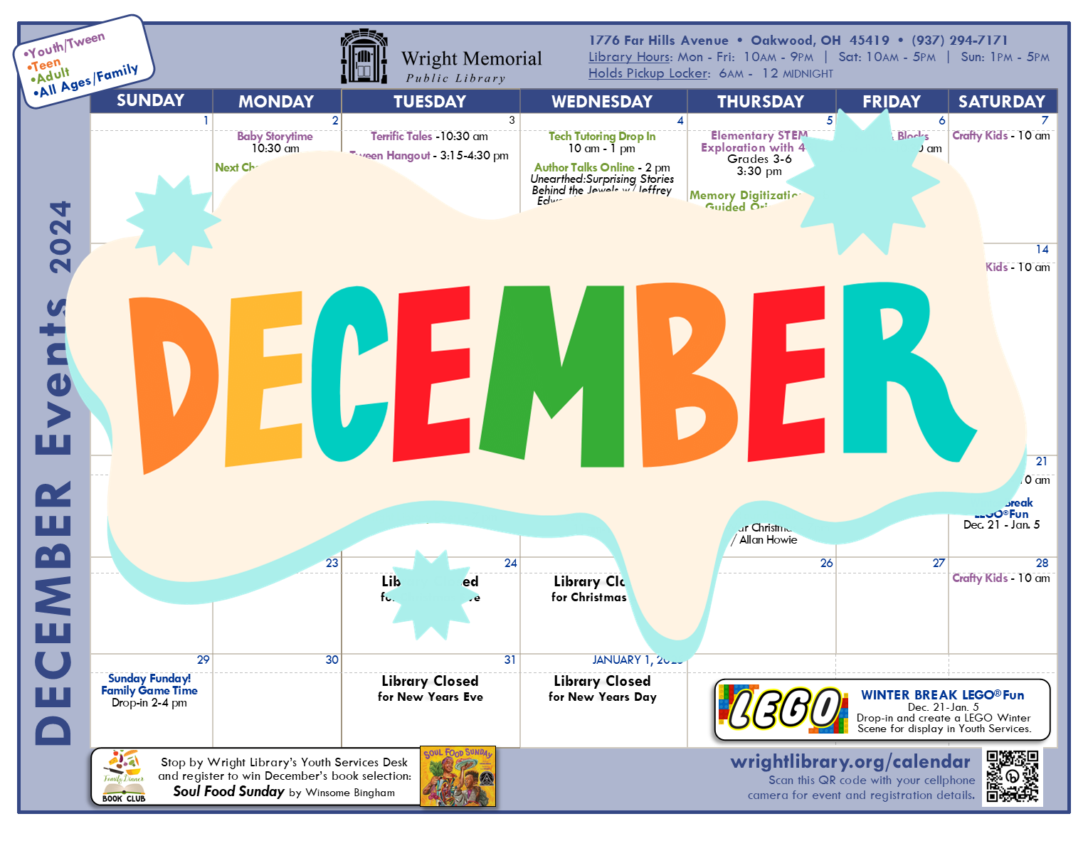 December calendar for Wright Public Library.