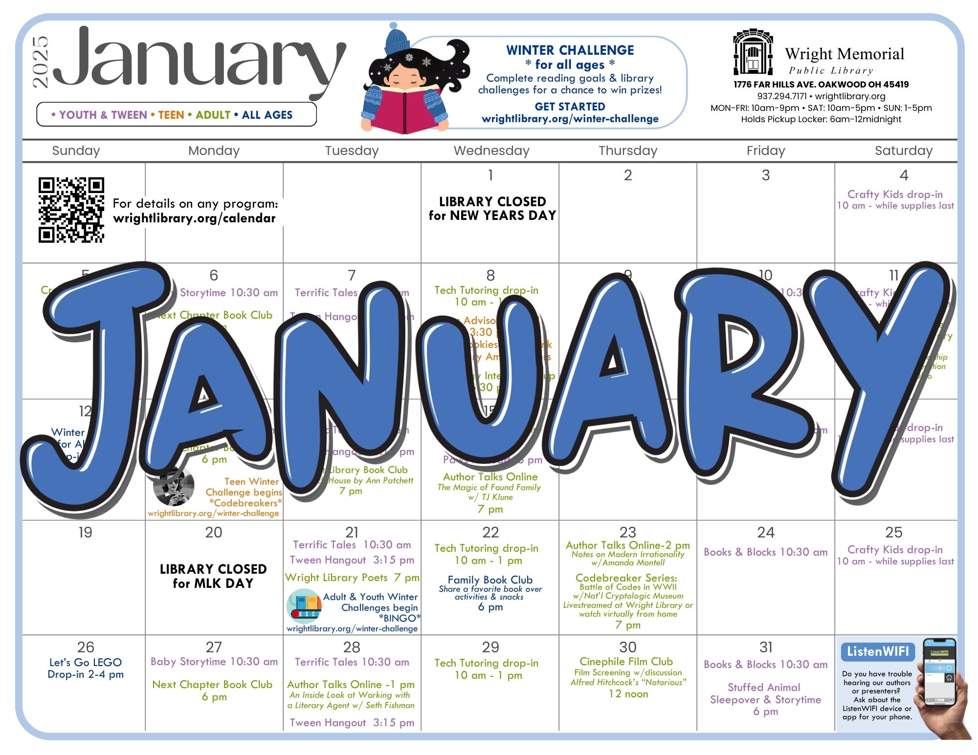 January calendar for Wright Public Library.