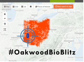 A digital map of Ohio with text: hashtag Oakwood BioBlitz