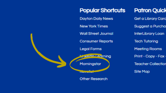 screenshot of portion of wrightlibrary.org footer with arrow pointing to the morningstar link