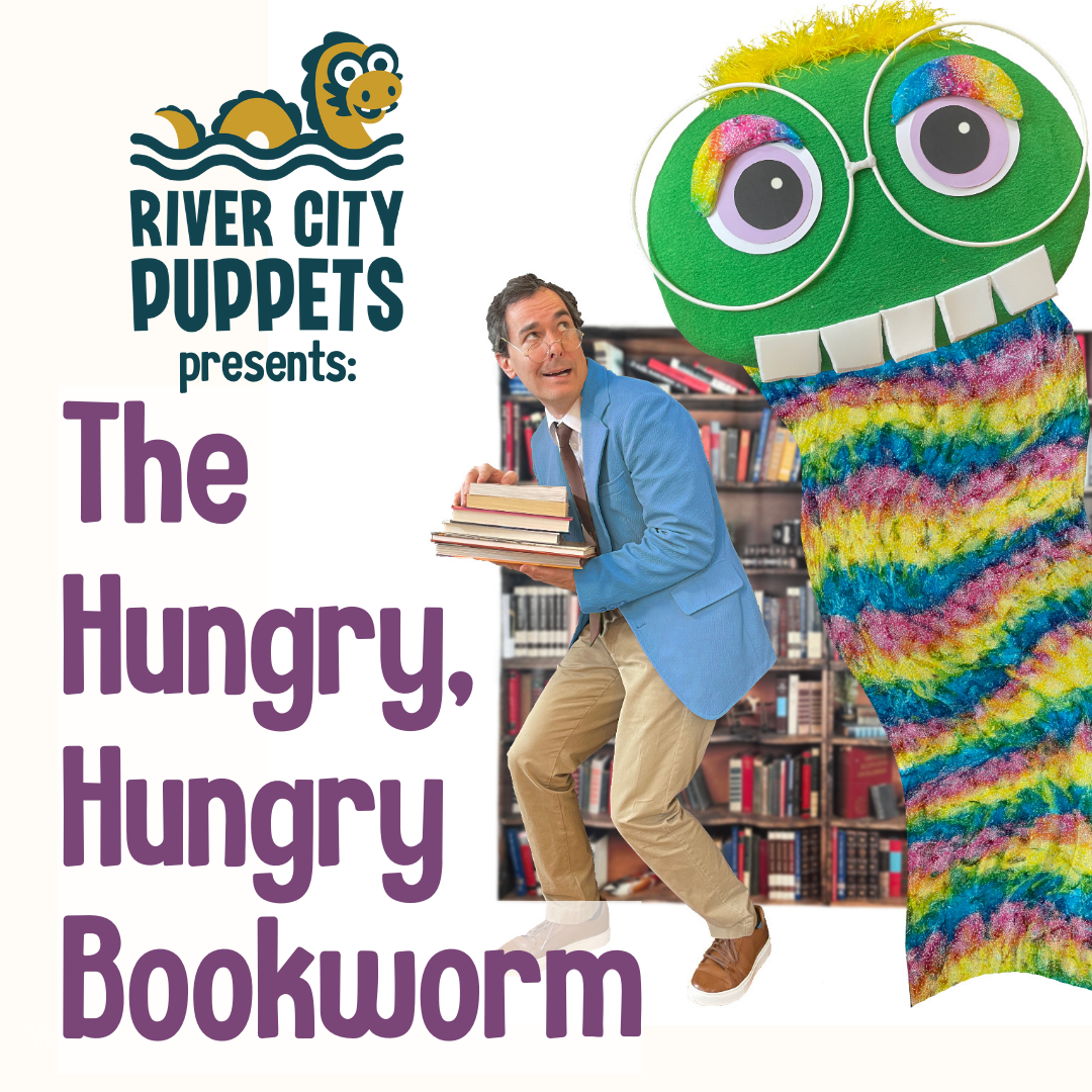 Giant bookworm puppet towers over male librarian - River City Puppet presents the Hungry, Hungry Bookworm