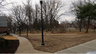view of the southeast corner of Wright Library's grounds. a bare patch of earth between sidewalks
