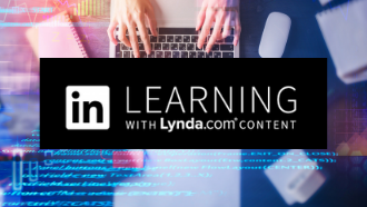 Linkedin learning logo - background is tech imagry and hands on a keyboard