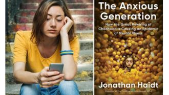 On left, teen girl sits on stairs sadly looking at cell phone. On right, book cover for "The Anxious Generation" by Jonathan Haidt