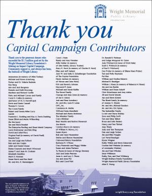 image of a thank you ad listing all the capital campaign contributors and a blueprint drawing of the parkside view of the library