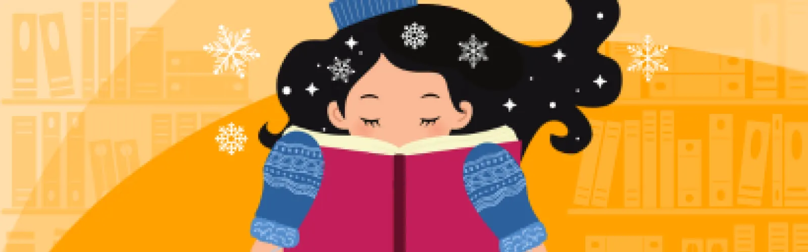 Cartoon girl with winter hat and mittens reading a book surrounded by snowflakes